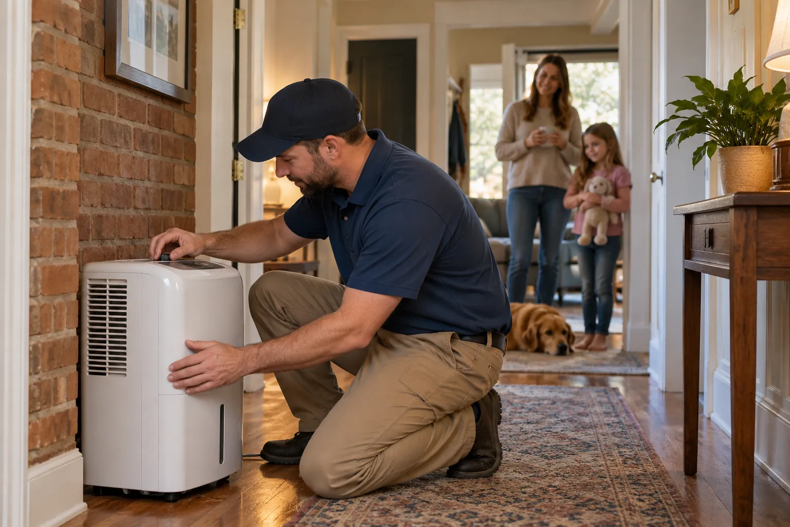 Provider setting up drying equipment in a home in the Greater Birmingham area