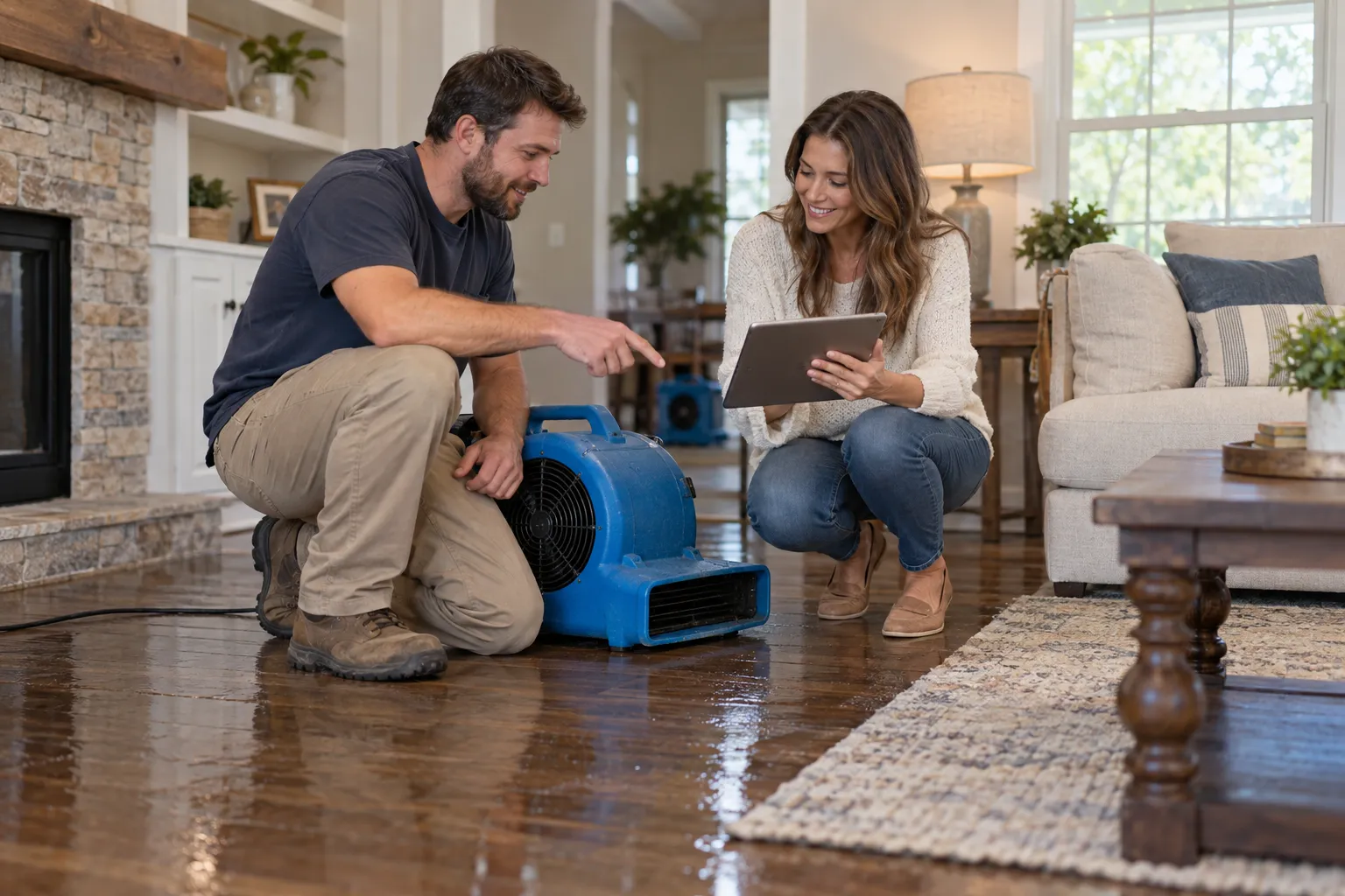 Homeowner talking with a water damage provider in a Birmingham living room